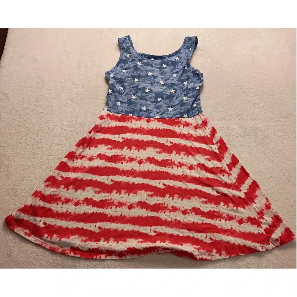 SO Patriotic Americana Stars and Stripes Tie Dye Tank Dress Red White Blue NWOT